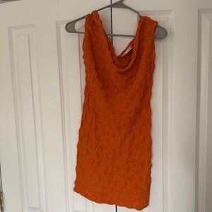 Zara Orange Textured Cowl Neck Dress